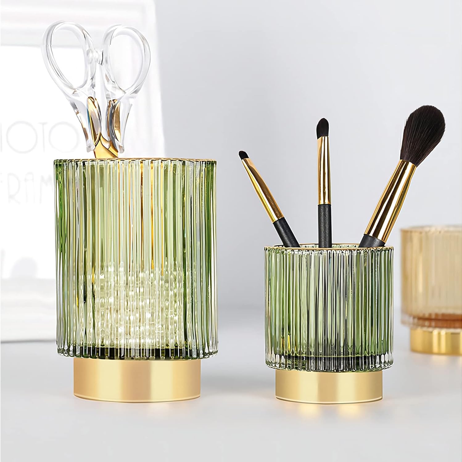 DASITON Makeup Brush holder Organizer,Crystal Cosmetic Makeup Brush Glass Brushes Storage Holder, Vintage Make Up Brush Cup Pen Pencil Holder striped vase(Green L)