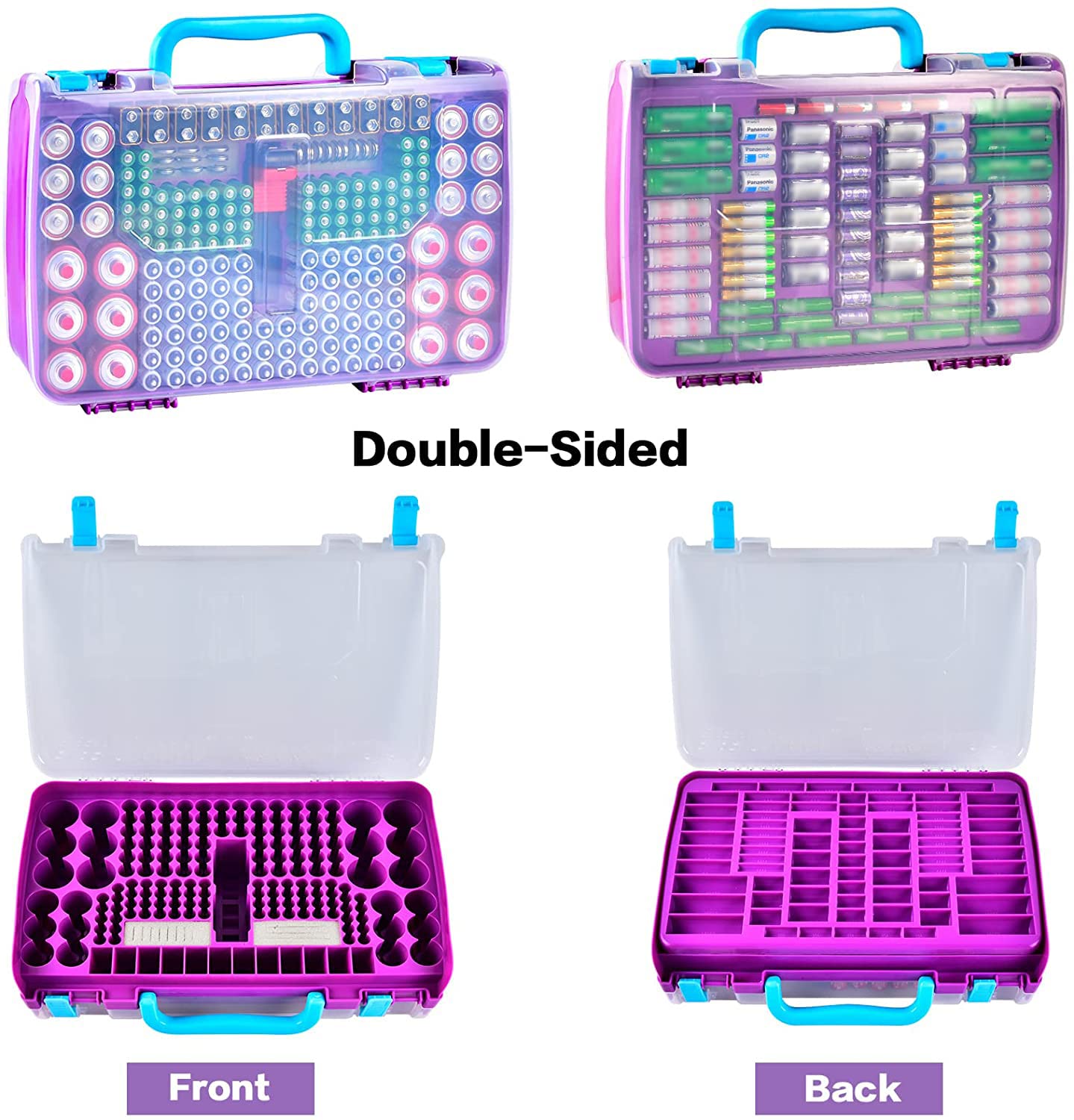 Battery Storage Organizer Case Holder Box with Tester, Double-Sided Batteries Fits for 269 Caddy Container AA AAA AAAA 3A 4A 9V C D Lithium 23A 4LR44 CR123A CR1632 CR2032 - Purple