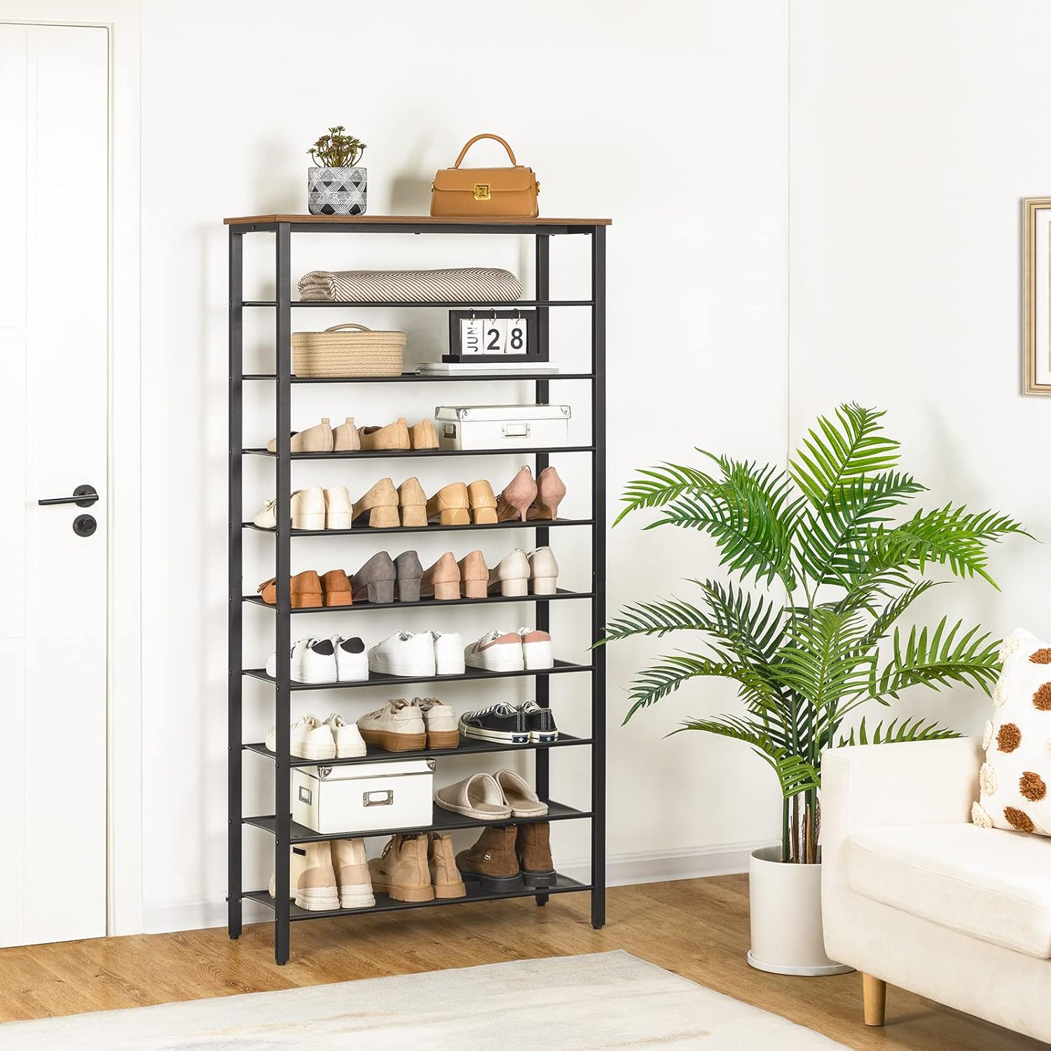 10-Tier Shoe Rack, Shoe Organizer for Entryway, Large Capacity Shoe Shelf, for 36-40 Pairs of Shoes, Stable Sturdy, Shoe Storage with 9 Metal Mesh Shelves, Rustic Brown SRHR1101Z
