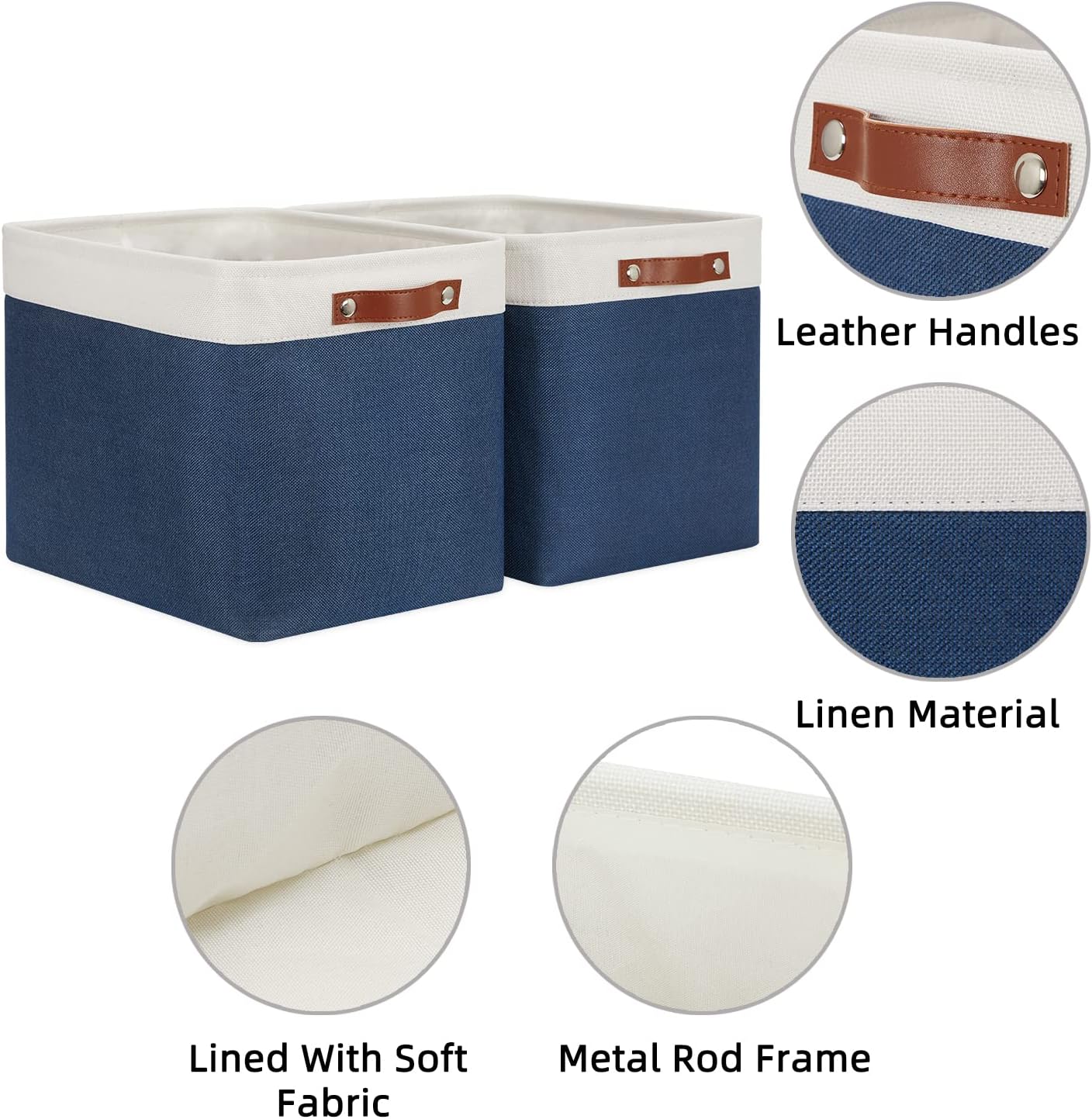 HNIZGE Large Rectangle Basket Fabric Baskets for Organizing [2 Pack] Tall Storage Basket Navy Blue Baskets 16" x 11.8" x 11.8" Shelf Baskets for Storage Linen Closet Organizers (Blue&White)