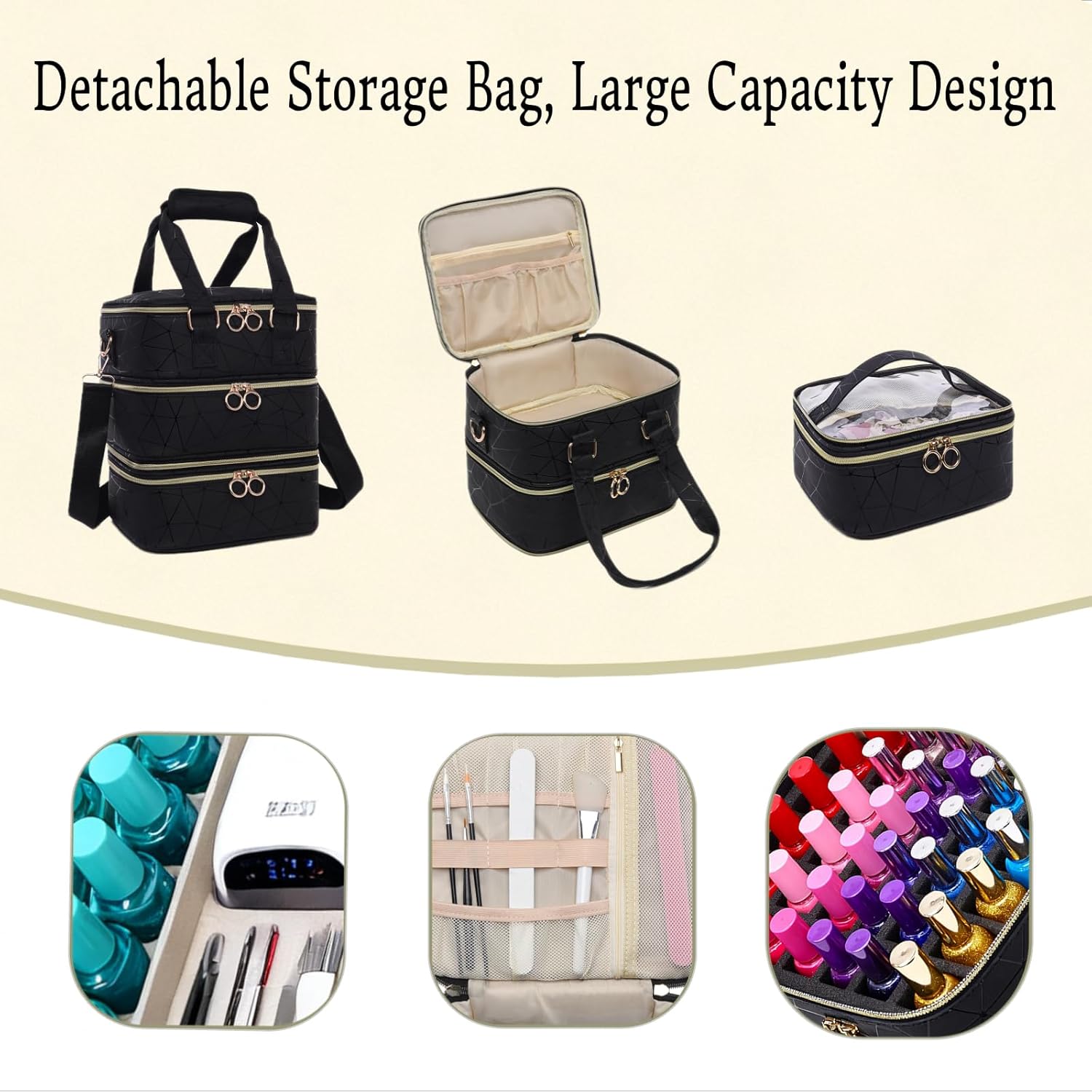 3 Layers Nail Polish Organizer Bag - Holds 60 Bottles,Portable Travel Case with Shoulder Strap,Nail Tech Kit Storage,Versatile Cosmetics Case,Detachable,Waterproof,Gifts for Women