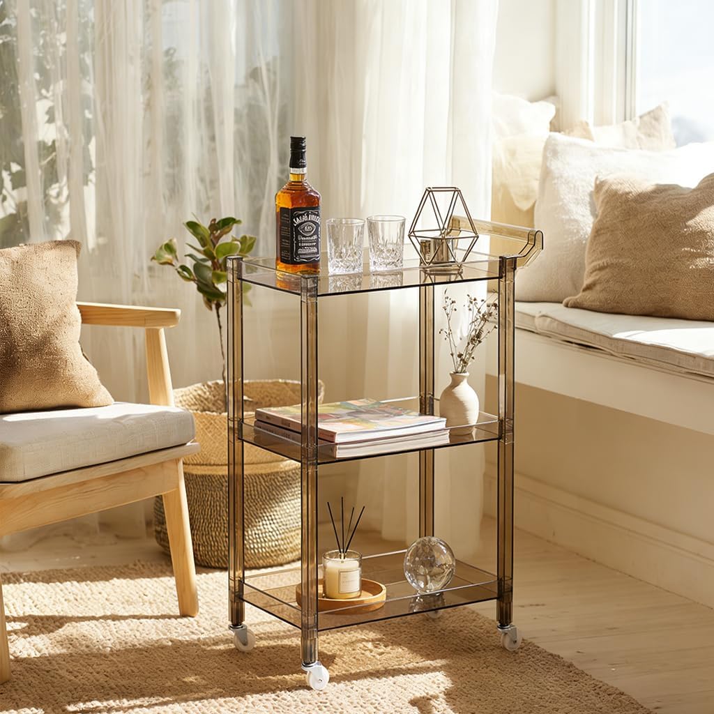 Acrylic Utility Rolling Cart, 3-Tier Clear Acrylic Storage Cart with Pulling Handle & 4 Wheels for Kitchen Living Room Dining Bathroom Laundry, Multifunction Serving Trolley for Small Spaces (Gray)