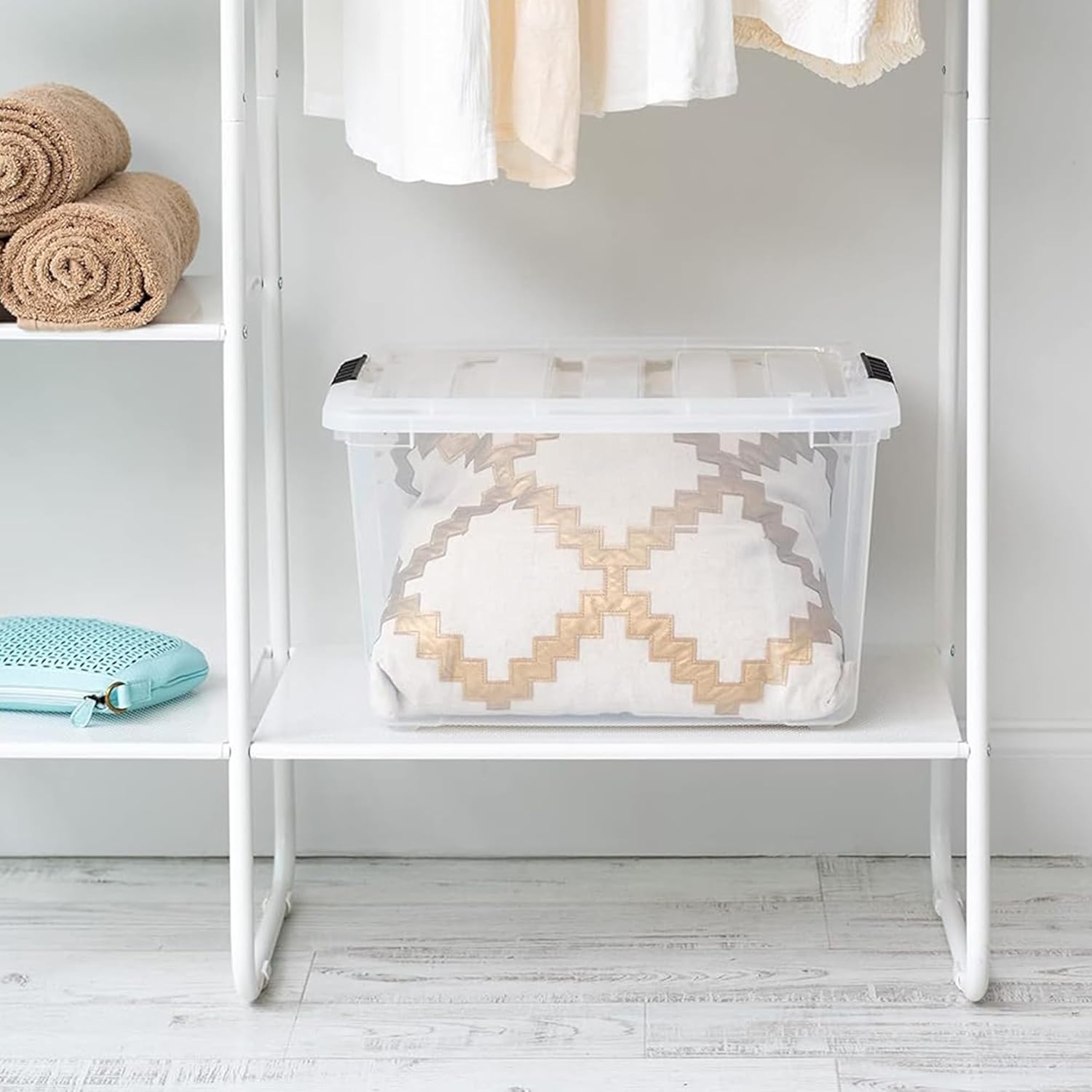 IRIS USA 40 Qt Stackable Plastic Storage Bins with Lids, 4 Pack - BPA-Free, Made in USA - See-Through Organizing Solution, Latches, Durable Nestable Containers, Secure Pull Handle - Clear