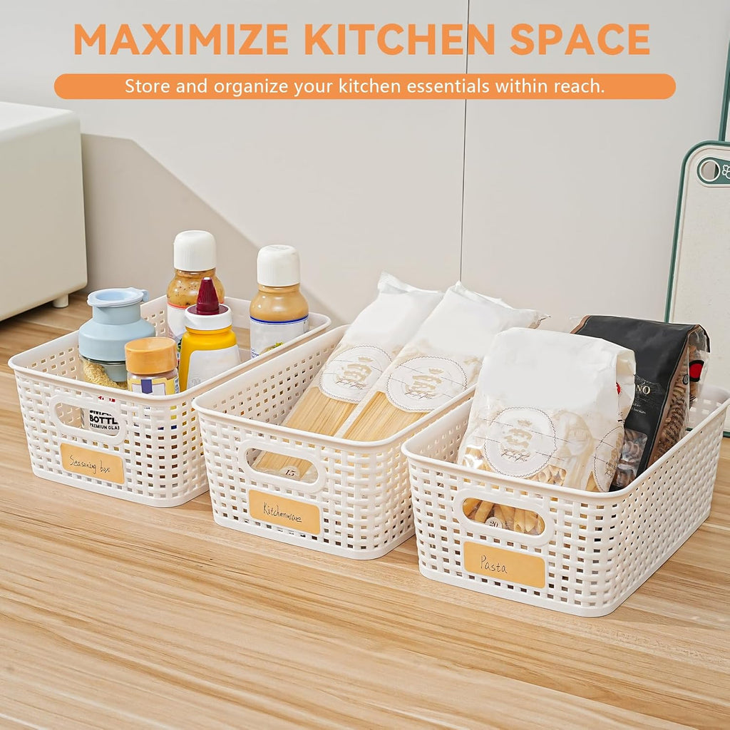 12 Pack Plastic Storage Baskets for Organizing, Storage Baskets for Shelves with Handles, Plastic Storage Bins with Labels, Organizer Baskets for Office, Pantry Organizers and Storage,Cabinet,Closet