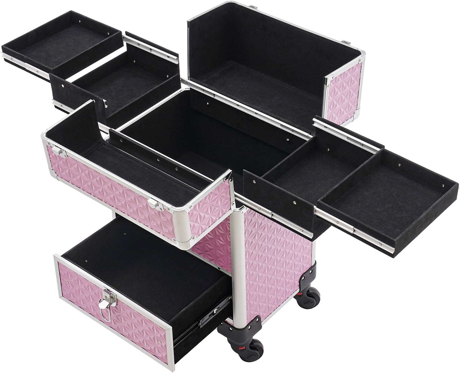 Professional Rolling Makeup Train Case with Lock, 7 Compartments 44lbs Capacity Rolling Nail Case Adjustable Organizer for Makeup Artists, Hairstylists, Pet Groomers (Pink)