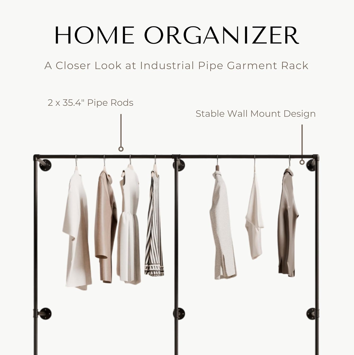 Industrial Pipe Clothing Rack, Heavy Duty Wall Mounted Clothes Rack, Retail Display Hanging Garment Rod for Laundry Rooms, Closet Storage, 14.6x75x82.7 Inches, Model K06