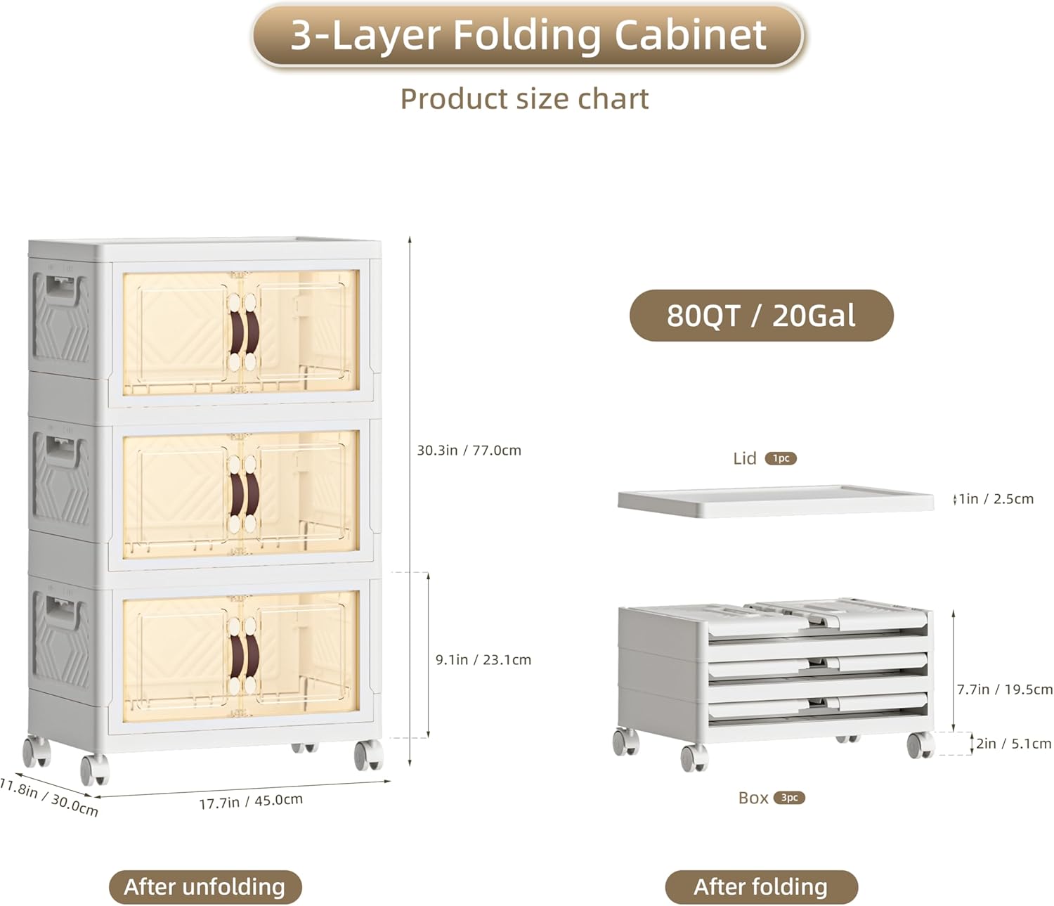 80 QT / 20 Gal Multi-Purpose Stackable Storage Cabinet: Double Magnetic Doors, Foldable, Wheels Included, Leather Handles - Ideal for Pantry, Laundry Room, Dorm