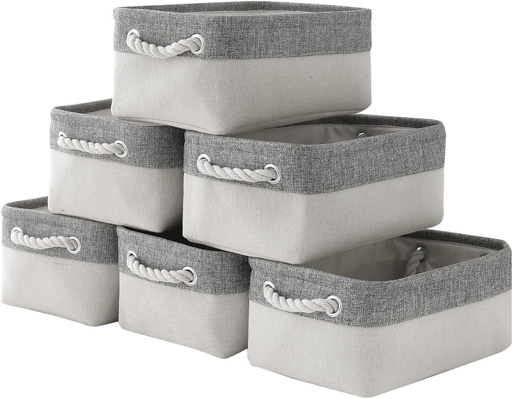 Basket for Organizing Cube Stgorage Bin - Small 6 Pack Fabric Storage Cubes Collapsible Baskets for Shelves with Rope, Bins for Organization Closet Cloth Toy Laundry Canvas (Grey&White 12x8x5.2 inch)