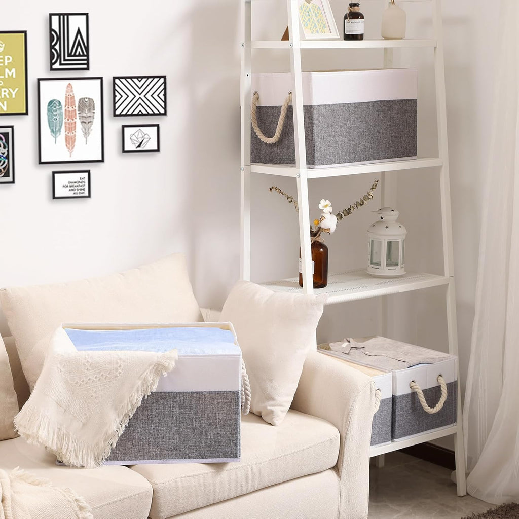 Yawinhe Foldable Storage Baskets for Shelves, Fabric Storage Cubes with Rope Handle, Closet Organizers for Clothes, 3-Pack, 14.96''Lx9.84''Wx8.26''H, White/Grey
