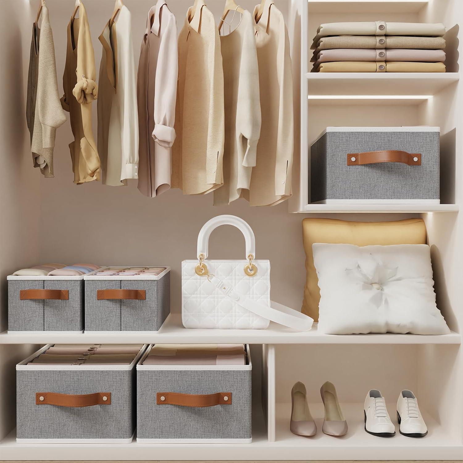 OUTBROS Foldable Bins With Handles, Fabric Storage Boxes, Foldable Bins With Handles, Wardrobe Baskets for Organizing, For bedrooms, living rooms, Shelves, White, 16.1 x 6.5 x 9.8 inch, 6-Pack