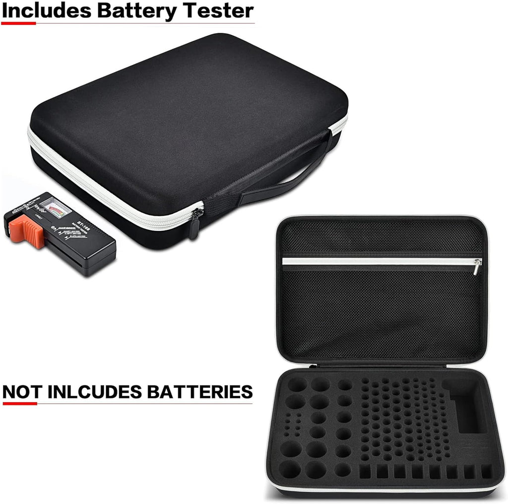 Battery Storage Organizer Box with Tester BT-168, Variety Case Holds 140+ AA, AAA, C, D, 9V, Lithium 3V Button Batteries- Not Includes Batteries(Black)