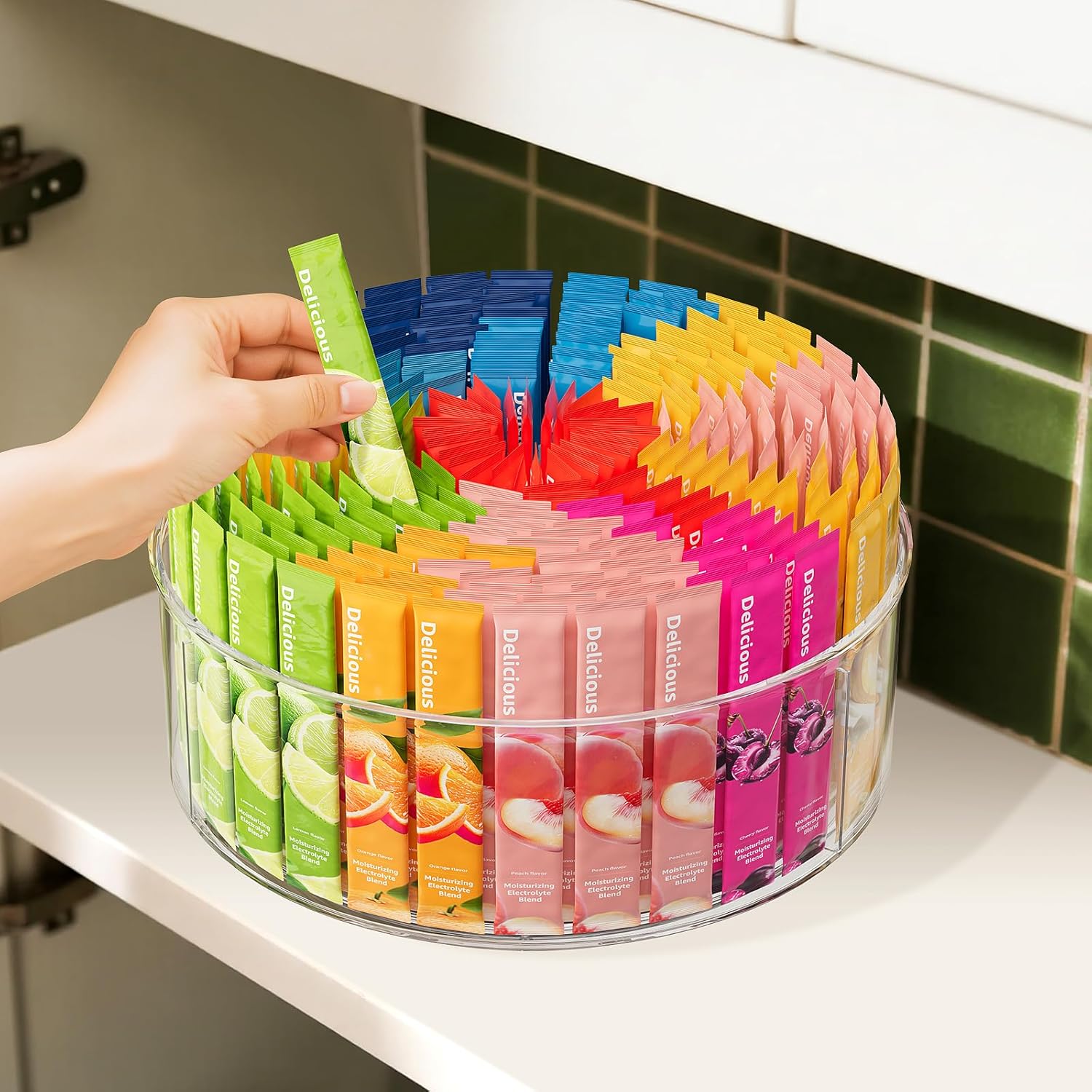 Rotating Drink Mix Organizer, Clear Lazy Susan Turntable for Powder Packet, Water Packet, Water Flavor Packet, Divided Drink Packet Organizer