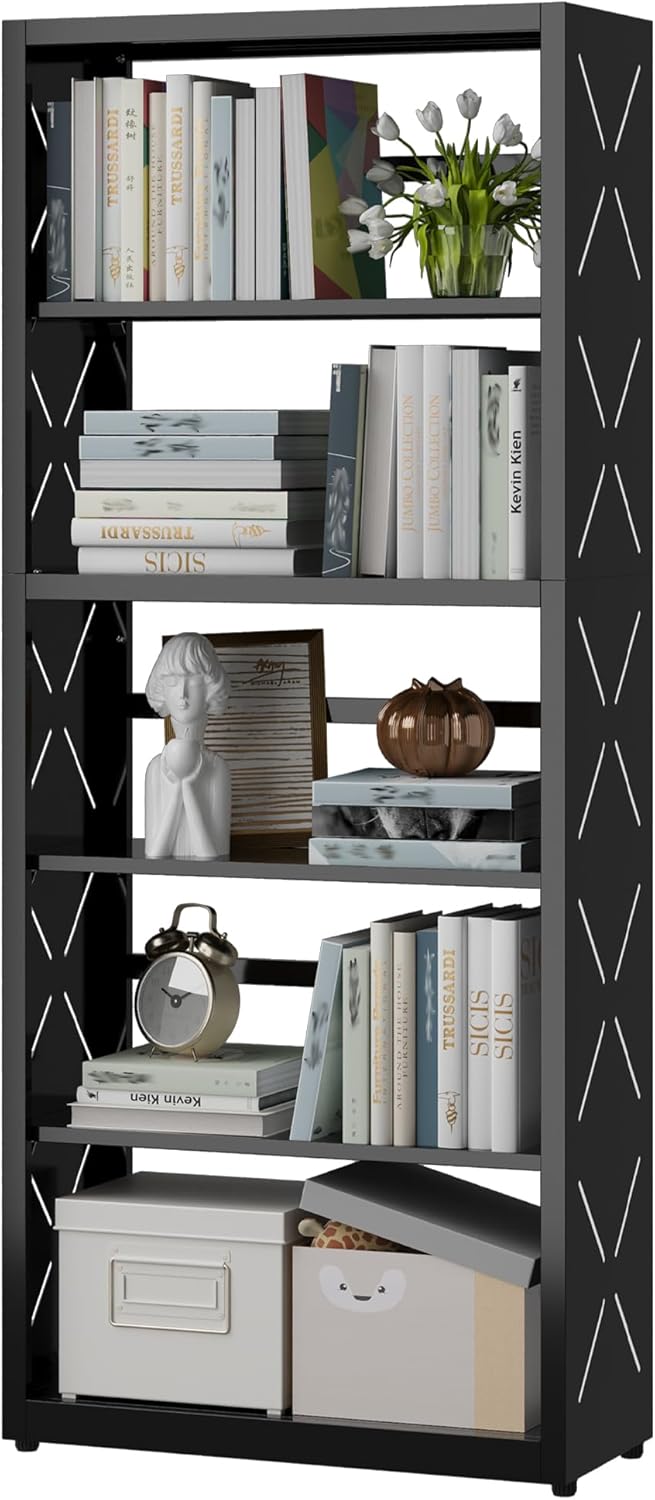 Industrial Bookshelf,5 Tier Bookcase,55" Black Metal Tall Bookshelf with Adjustable Feet and Adjustable Shelves,Home Office Bookcase Shelf Storage Organizer for Living Room、Kitchen