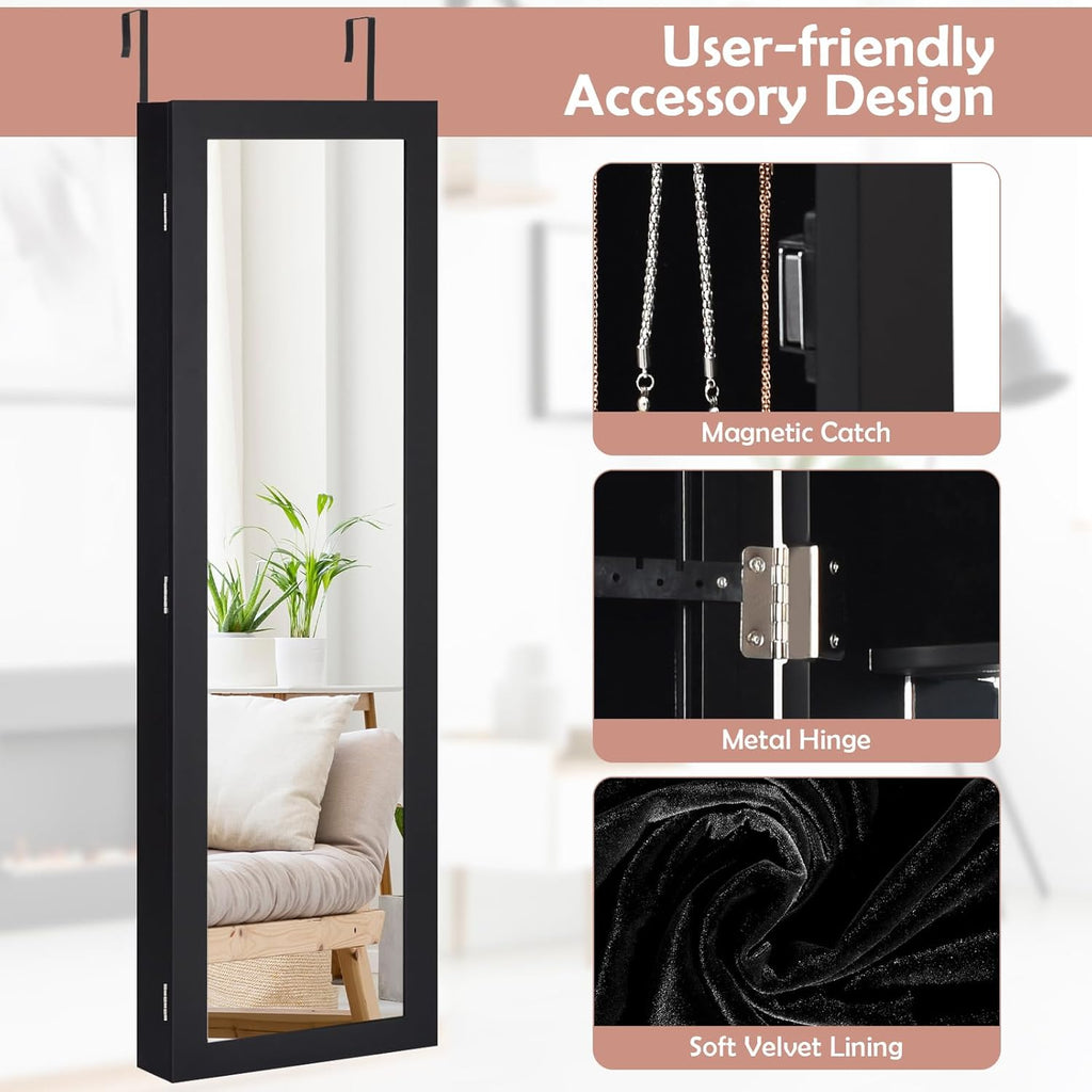 HAPPYGRILL Wall Mounted Jewelry Cabinet with Full Length Mirror, Over The Door Jewelry Organizer w/Built-in Makeup Mirror, Storage Shelves, Door Mounted Jewelry Armoire for Women, Girls (Black)