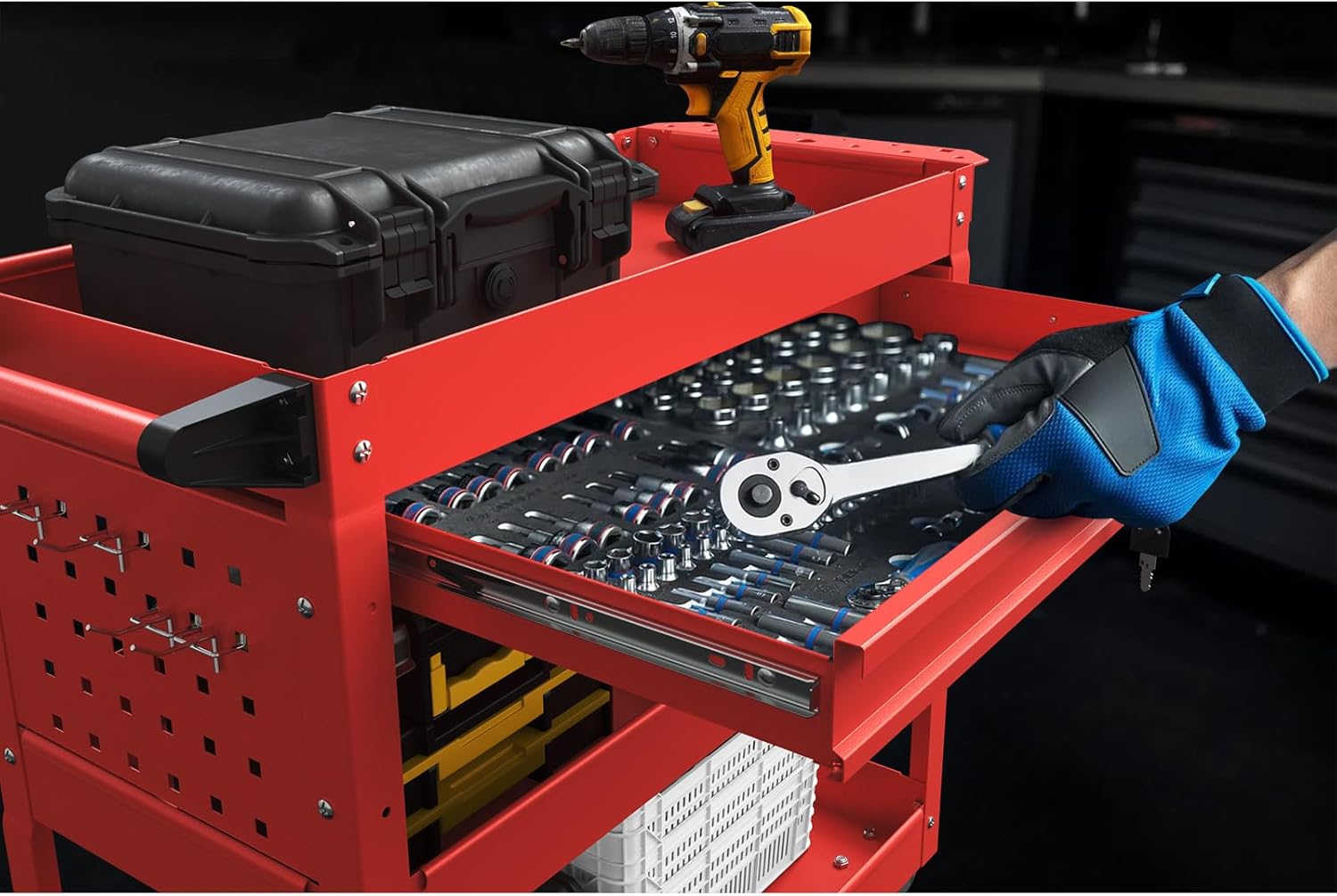 3 Tier Rolling Tool Cart, Tool Carts with Wheels and Drawers, 500 LBS Capacity Service Utility Cart, Mechanic Tool Cart on Wheels for Garage, Warehouse, Repair Shop, Red