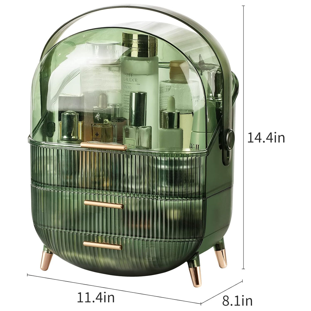 CANITORON Makeup Organizer,Large Capacity Skincare Organizer for Vanity,Cosmetic Organizer with 2 Drawers and Transparent Cover for Bedroom Countertop and Bathroom Countertop Storage.(LGreen)