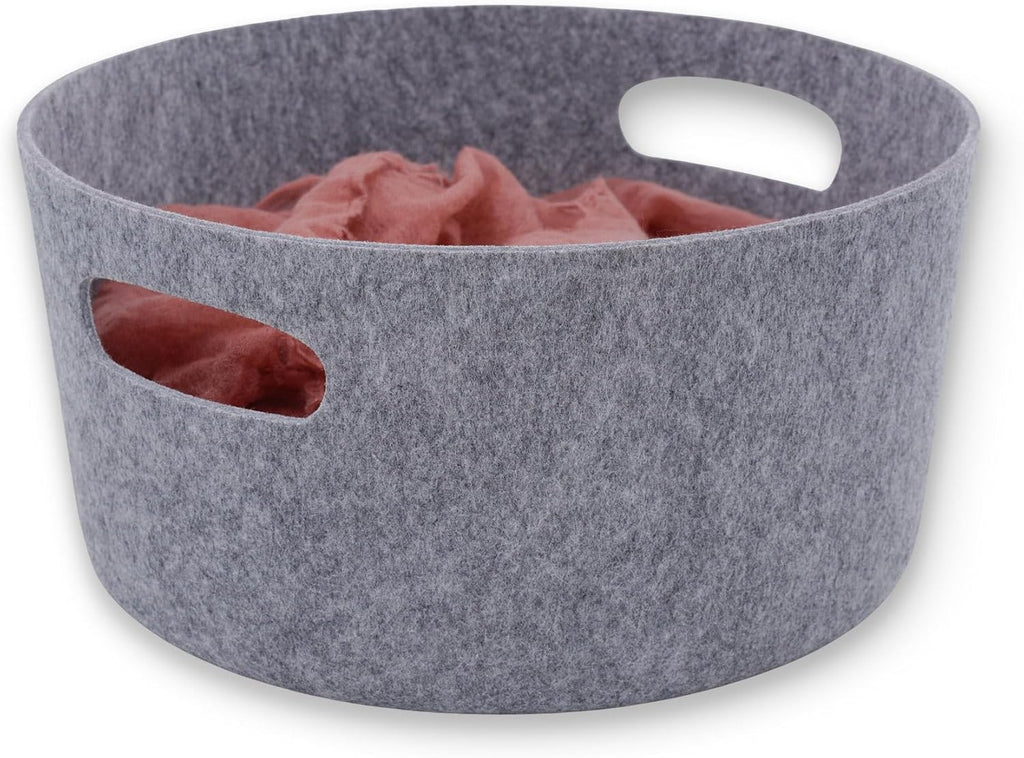 Welaxy Large Storage Basket Felt Open Storage Bins Desk Organize bin Shelf Box with Handles Light Weight for Magazines Books Junk Kids Toys Pet Toy Clothes Laundry Organizer Round (Gray)
