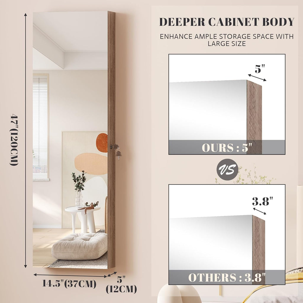 Vlsrka 47.2 Inch Full Length Mirror with Storage, Wall Mount Mirror Jewelry Cabinet, Over The Door Hanging Jewelry Armoire Organizer, Built-in Light, 4 Drawers, 5 Shelves, Lockable (Wood)