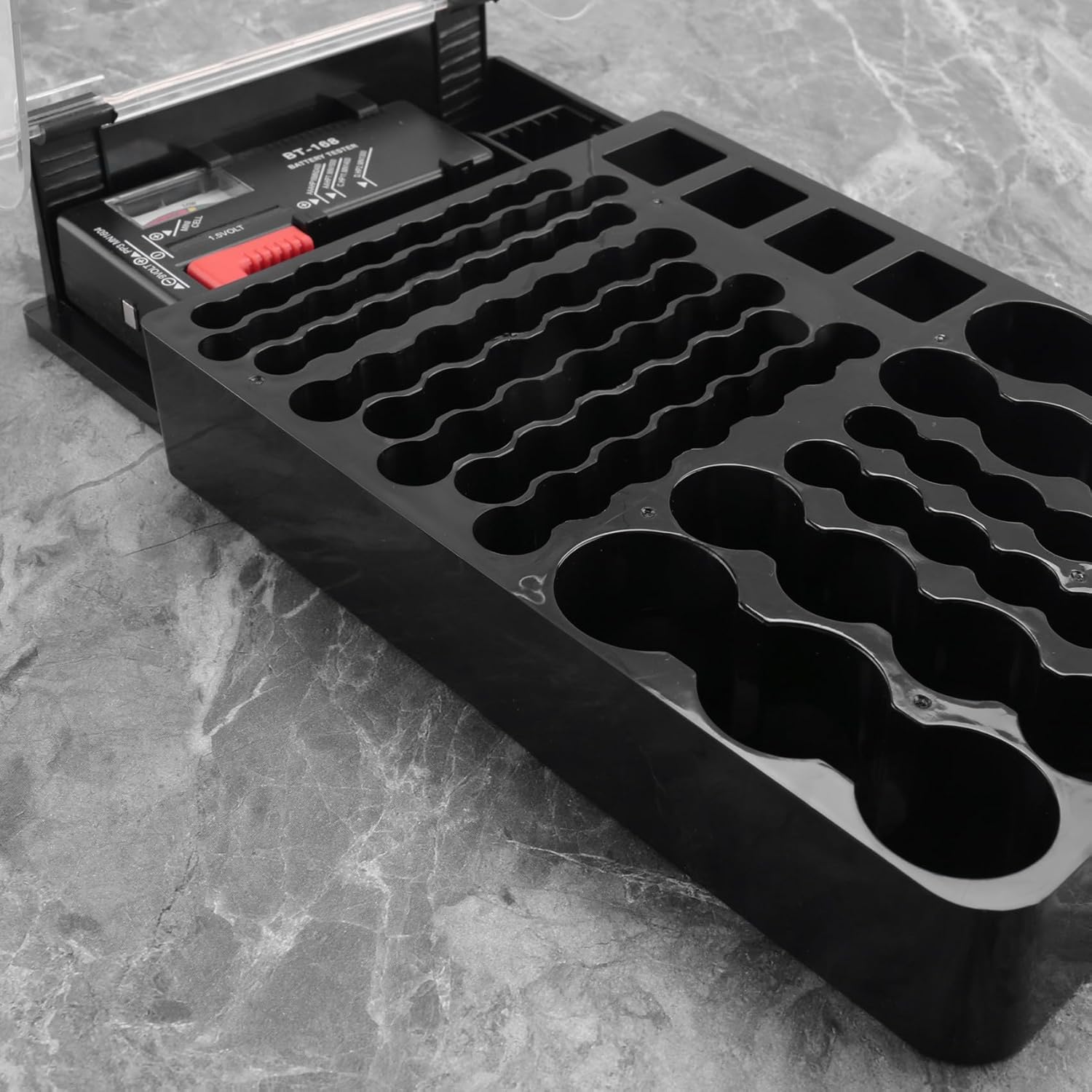 The Battery Storage Case,Organizer with Hinged Clear Cover, with Battery Tester, Holds 93 Batteries Various Sizes, Black