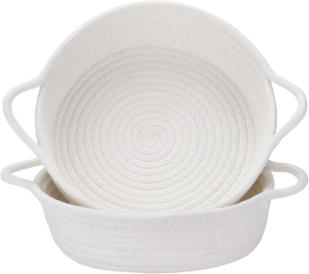 Sea Team 2-Pack Cotton Rope Baskets, 10 x 3 Inches Small Woven Storage Basket, Fabric Tray, Bowl, Round Open Dish for Fruits, Jewelry, Keys, Sewing Kits (White)