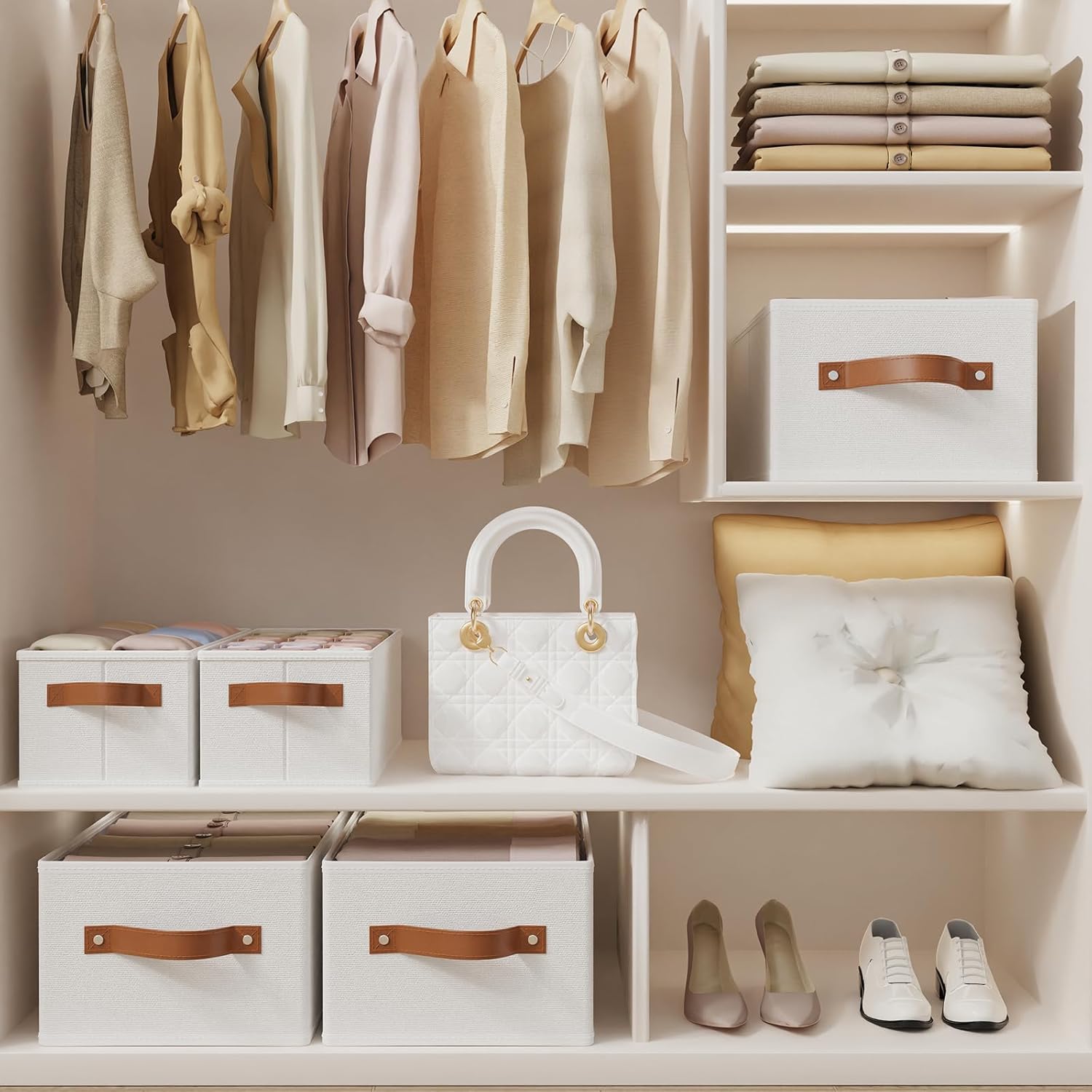 OUTBROS Foldable Wardrobe Organiser, Fabric Storage Bins, Boxes With Handles, For Bedrooms, Living Rooms, Shelves, White, 16.1 x 6.5 x 9.8 inch, 3-Pack