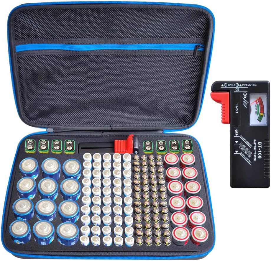 Battery Organizer Storage Case with Tester:Battery Holder Box Garage Organizer Battery Vault Daddy Box with Zipper Mesh Pocket Fit for 18650 Batteries AA AAA C D 9V etc