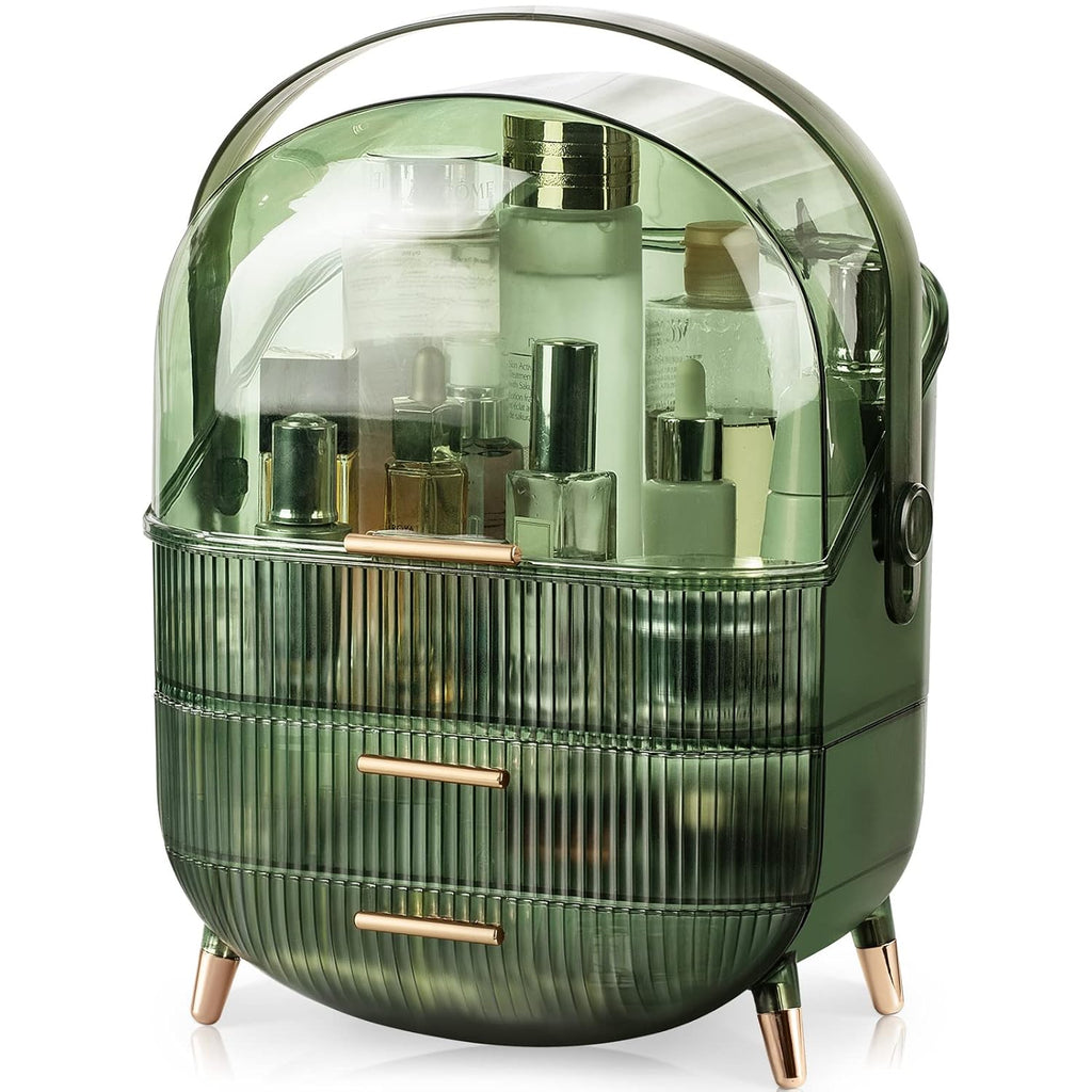 CANITORON Makeup Organizer,Large Capacity Skincare Organizer for Vanity,Cosmetic Organizer with 2 Drawers and Transparent Cover for Bedroom Countertop and Bathroom Countertop Storage.(LGreen)