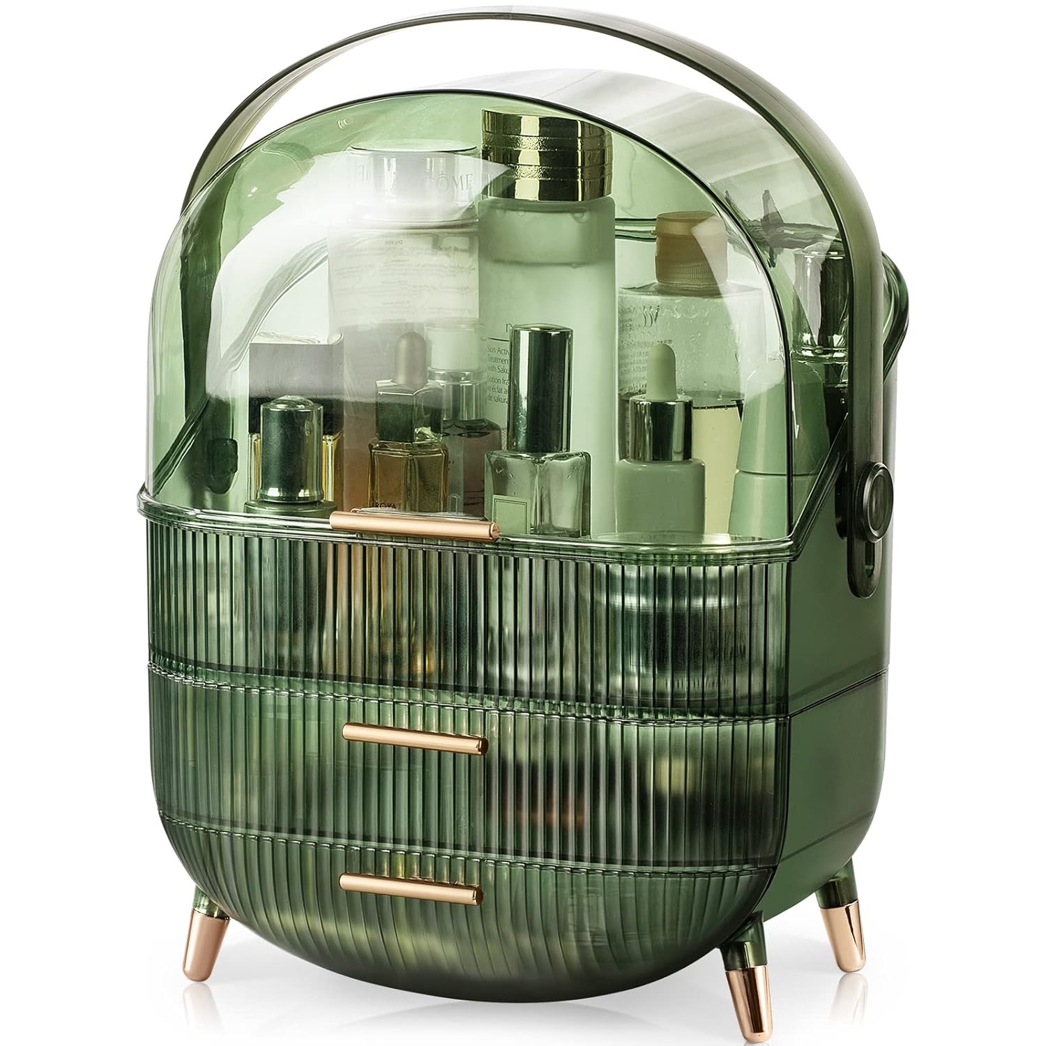 CANITORON Makeup Organizer,Large Capacity Skincare Organizer for Vanity,Cosmetic Organizer with 2 Drawers and Transparent Cover for Bedroom Countertop and Bathroom Countertop Storage.(LGreen)