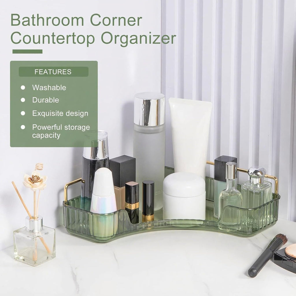 Corner Bathroom Countertop Organizer, Vanity Organizer Trays for Counter, Makeup Organizers, Perfume Tray, Skincare Shelf Storage Gifts for Women Girl Student (Green, 1 Tier)