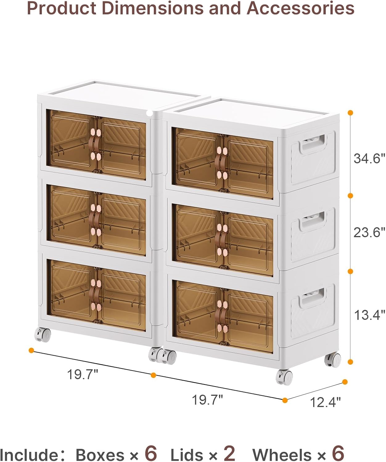 330Qt Stackable Storage Bins with Lids, 6 Pack Collapsible Bins with Wheels, Plastic Cabinet with Doors, Foldable Closet Organizers and Storage for Home, Dorm, Office, White