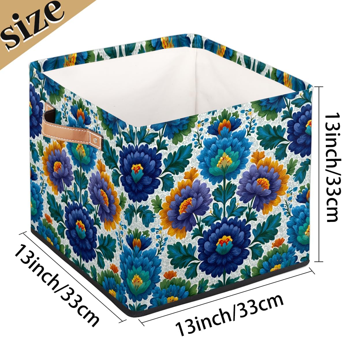 TropicalLife 13x13x13 Inch Large Fabric Storage Cube Blue Flowers Print Foldable Storage Bin with Handles Organizer Boxes Cube Basket for Shelves Organizing Closet