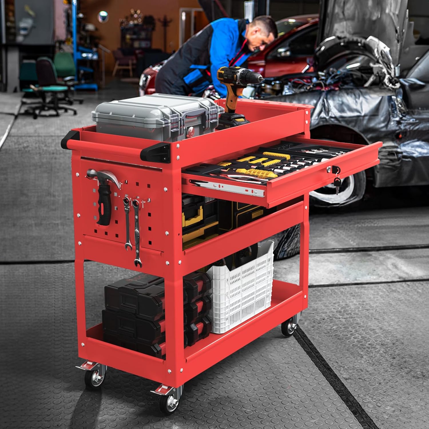 3 Tier Rolling Tool Cart, Tool Carts with Wheels and Drawers, 500 LBS Capacity Service Utility Cart, Mechanic Tool Cart on Wheels for Garage, Warehouse, Repair Shop, Red