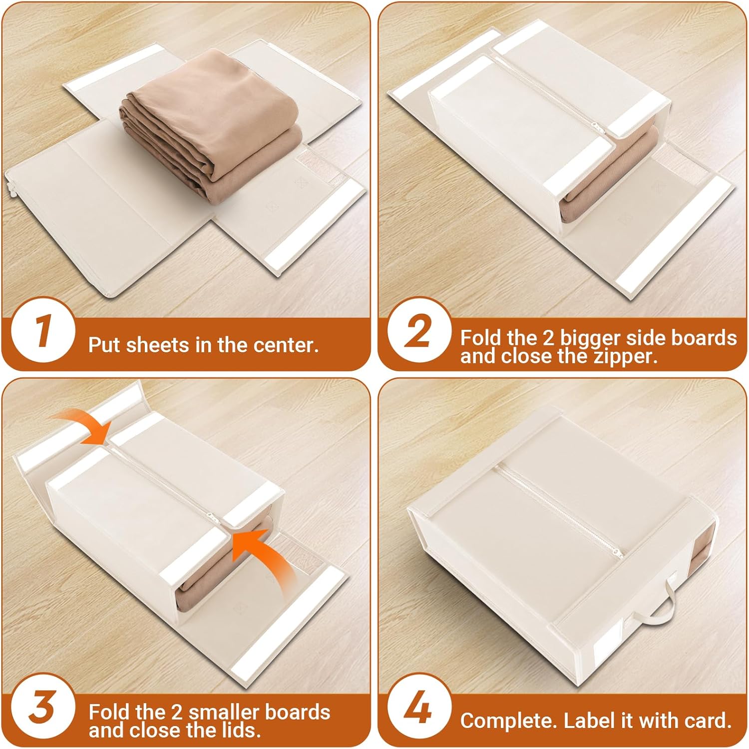 6 Pack Bed Sheet Closet Organizers and Storage,Sturdy Foldable Storage Containers with Window and Label,Storage and Organization for Bedding Sheets,Duvet Covers,Blankets (Beige)