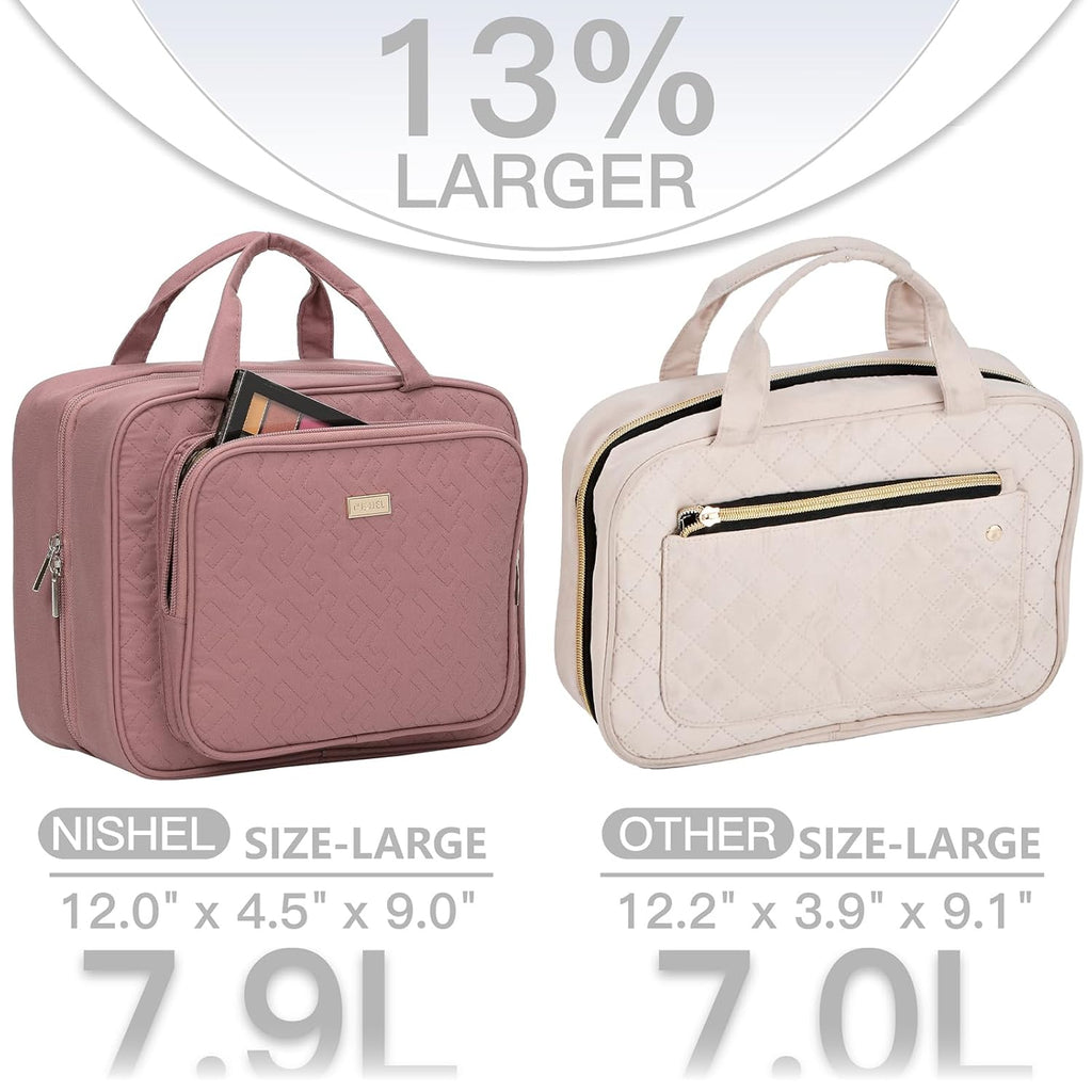 NISHEL Travel Toiletry Bag for Women, Makeup Essentials Organizer, Hanging Case for Accessories, Cosmetics, Large Size, Rosewood-Pink