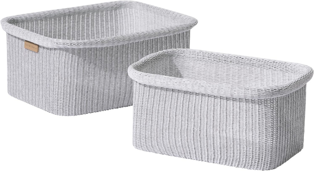 La Jolie Maison Blended Fabric Storage Baskets Set of 2, Rectangle Knitted Baskets for Organizing, Boho Decorative Baskets, Durable Finish, Grey