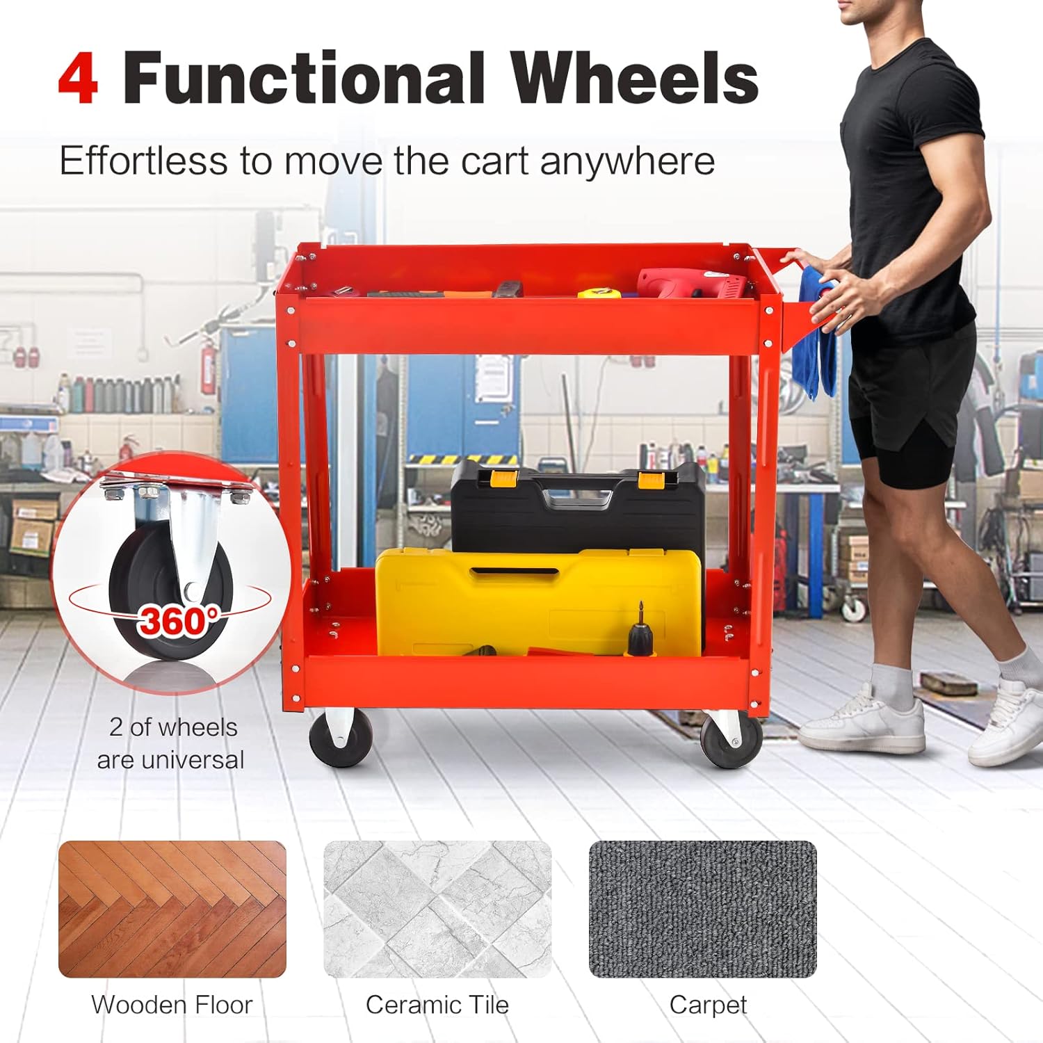 Goplus 2-Tier Utility Cart, Heavy Duty Commercial Service Tool Cart w/Handle, 220 lbs Max Support, Rolling Mechanic Metal Tool Cart Storage Organizer for Home, Garage, Warehouse