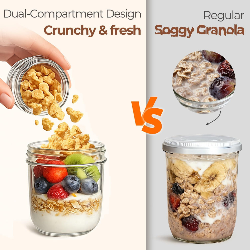 ComSaf Overnight Oats Containers with Lids (8oz+4oz, 4Pcs), Glass Yogurt Parfait Cups for Cereal Nut Fruit, Dual-Layer Chia Pudding Jars Reusable, Small Mason Jars for Salad, Meal Prep, Snack, Oatmeal