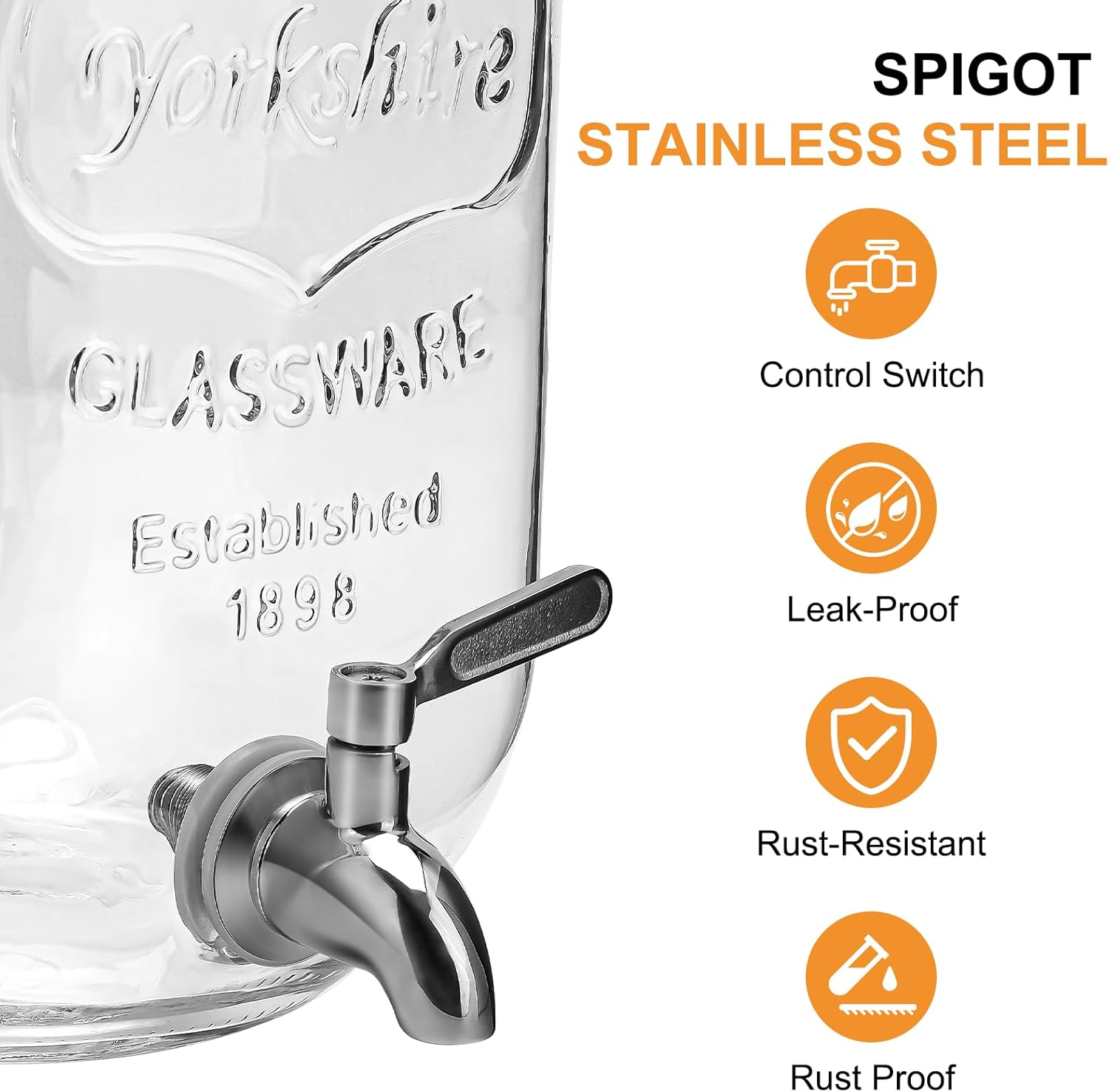 1 Gallon Glass Beverage Dispenser with Lid, Stainless Steel Spigot, Glass Drink Dispensers for Parties, Lemonade Dispenser With Ice Cylinder for Weddings, Party,Sun Tea Jar, Water Juice Dispensers