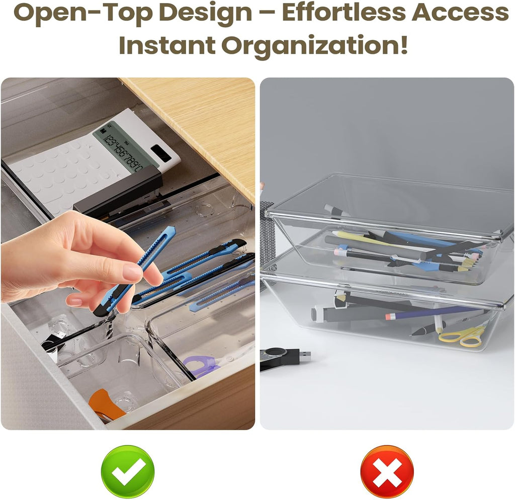 10 PCS Clear Plastic Drawer Organizer Set, 4 Sizes Acrylic Drawer Storage Trays Non Slip Storage Bins for Makeup, Jewelry, Gadgets for Kitchen, Bedroom, Bathroom, Office