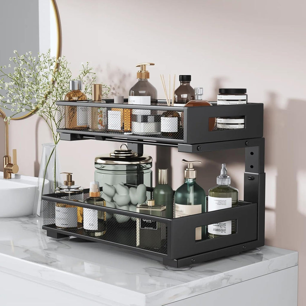 1 Pack 17IN Depth Under Sink Organizer, 2-Tier Pull Out Cabinet Organizer With Smooth Circular Rail, Large Capacity Metal Mesh Sliding Drawers For Bathroom& Kitchen Storage,Height Adjustable –Black