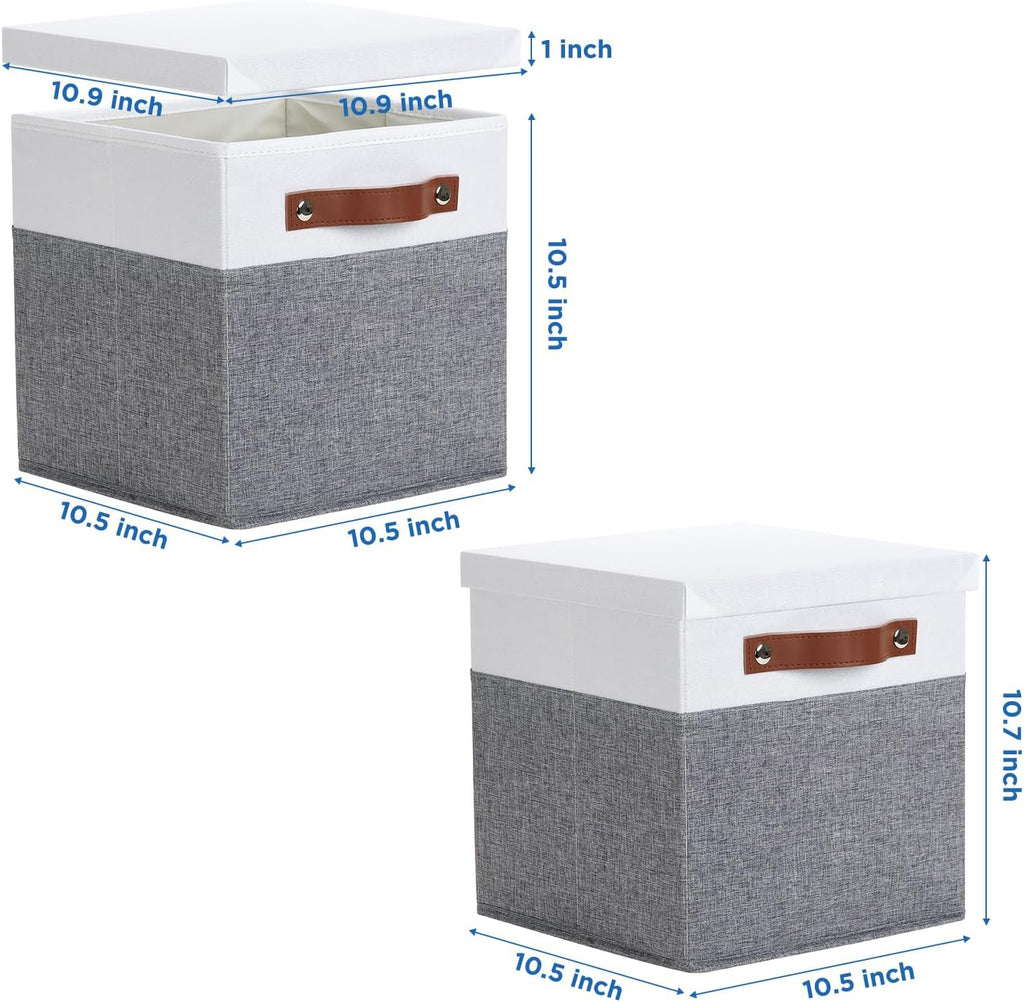 Temary Foldable Fabric Storage Bins with Lids, 2-Pack Storage Bin for Organizing Living Room, Closet Organization, Multi-Purpose Storage Boxes for Clothes (White&Grey, 10.5x10.5x10.5in)