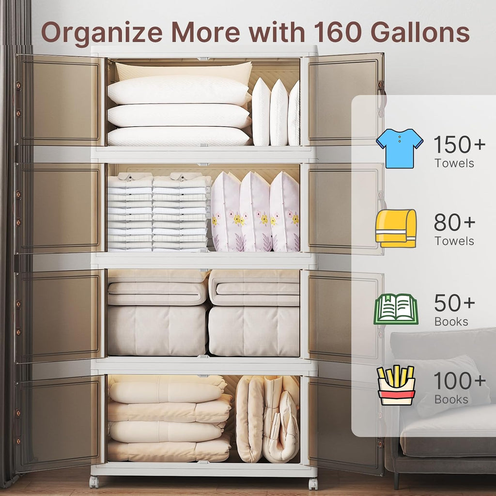 Extra Large Stackable Storage Bins with Lids & Wheels & Door, 660QT-165QT/41GAL*4Pack Foldable Collapsible Closet Organizers, Plastic Containers Drawers for Bedroom Dorm Garage Christmas gift