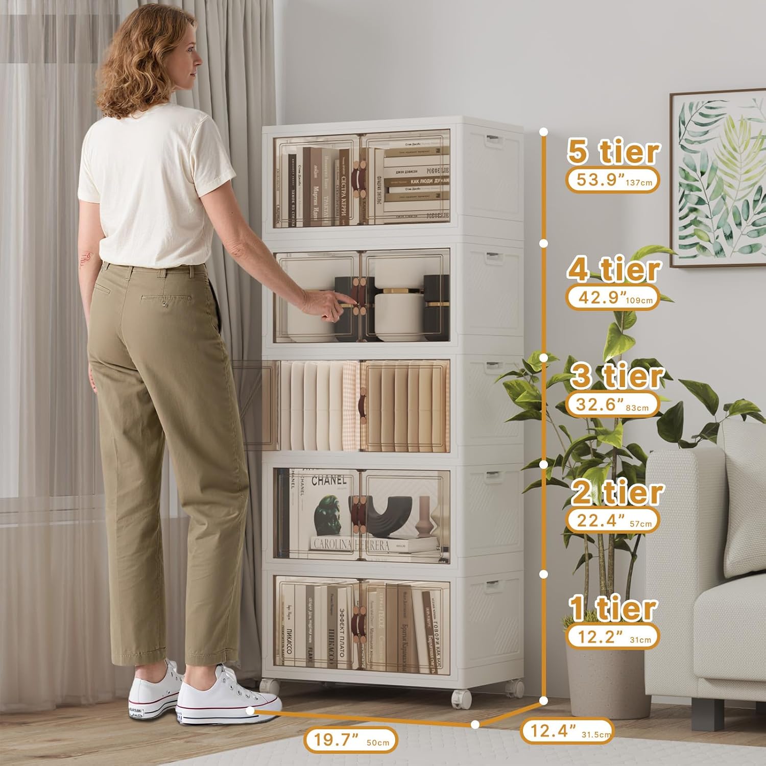 Extra Large Stackable Storage Bins with Lids & Wheels, Foldable Collapsible Closet Organizers Storage Cabinet with Doors for Bedroom Dorm (White, 275QT-55QT/14GAL*5Pack)