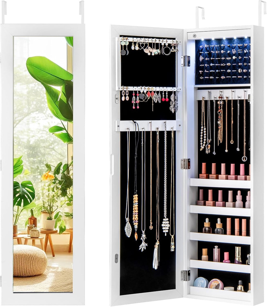 Giantex Wall or Door Mounted Jewelry Cabinet with Full Length Mirror, Over The Door Jewelry Armoire Organizer with Lights, Large Storage with Necklace Hooks, Earring Slots & Shelves (White)