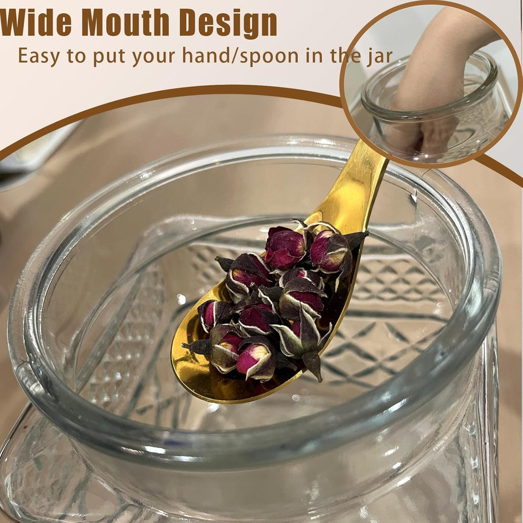 Viovian Decorative Glass Jar with Lid and Spoon 38 OZ Square Thick Glass Storage Jars Airtight Lids Clear Vintage Canister Container for Food Candy Cookie Sugar Coffee Tea Nuts Snack Dog Treat