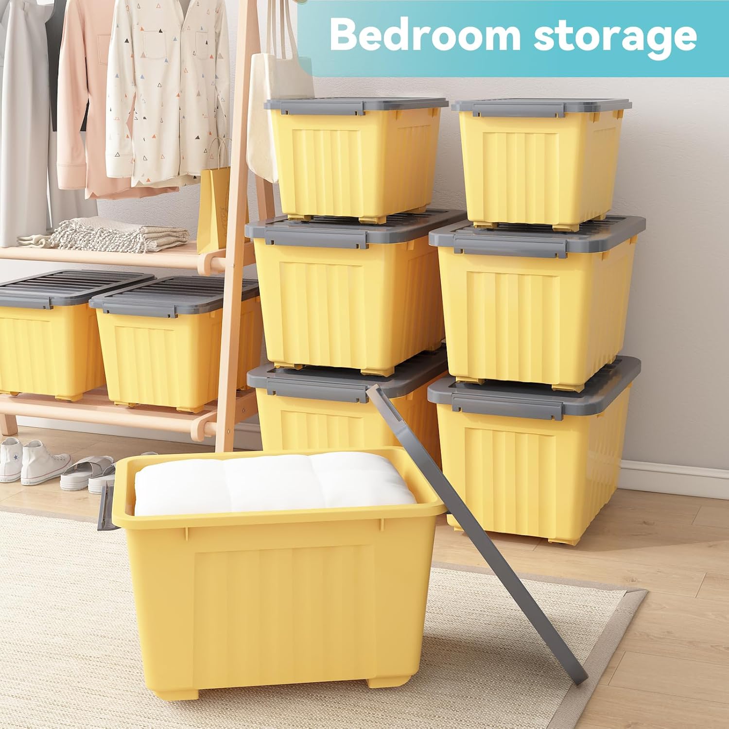 Nazhura Plastic Storage Bin, Stackable and Nestable Storage Boxes with White Lids and Secure Latching Buckles, Large Storage Container (Yellow/Purple, 72Quart-4Pack)