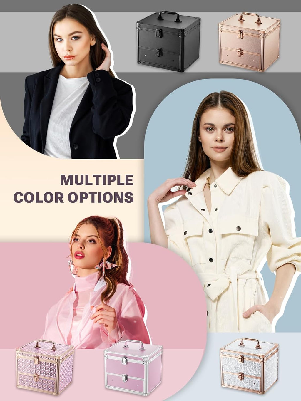 Qislee Makeup Box with Drawer and A Detachable Lighted Mirror, Waterproof Travel Train Case, Cosmetic Organizer and Makeup Suitcase with Adjustable Dividers, Magnetic LED Mirror (Rose Gold)