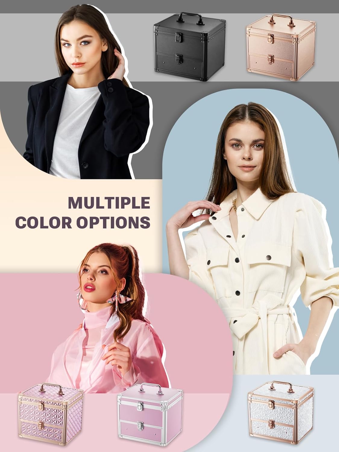 Qislee Makeup Box with Drawer and A Detachable Lighted Mirror, Waterproof Travel Train Case, Cosmetic Organizer and Makeup Suitcase with Adjustable Dividers, Magnetic LED Mirror (Rose Gold)