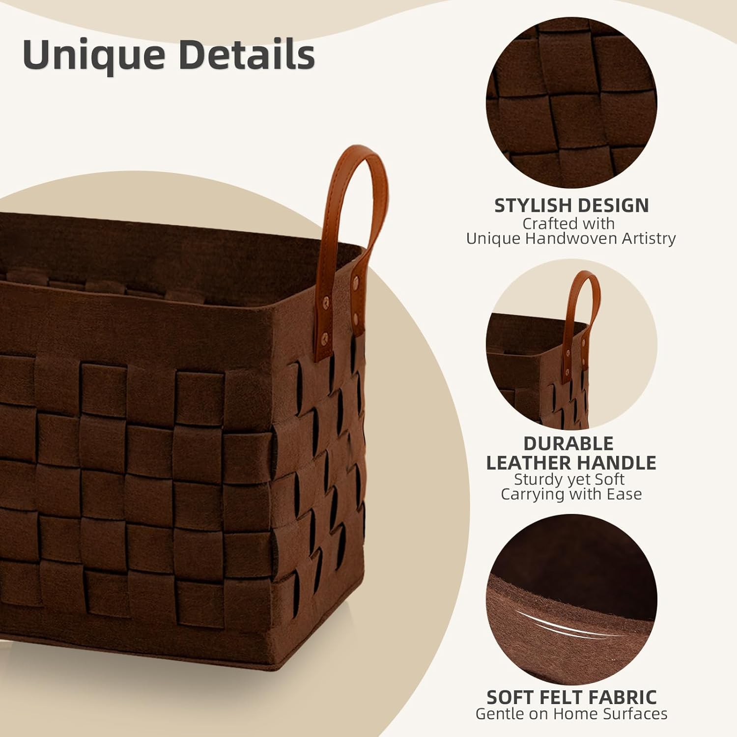 boldmonkey Laundry Basket 16.5 " x13 x13 , Large Rectangular Felt Fabric Blanket Basket with Leather Handle, Dirt Clothes Laundry Hamper for Babies, Dogs and Living Room-Brown