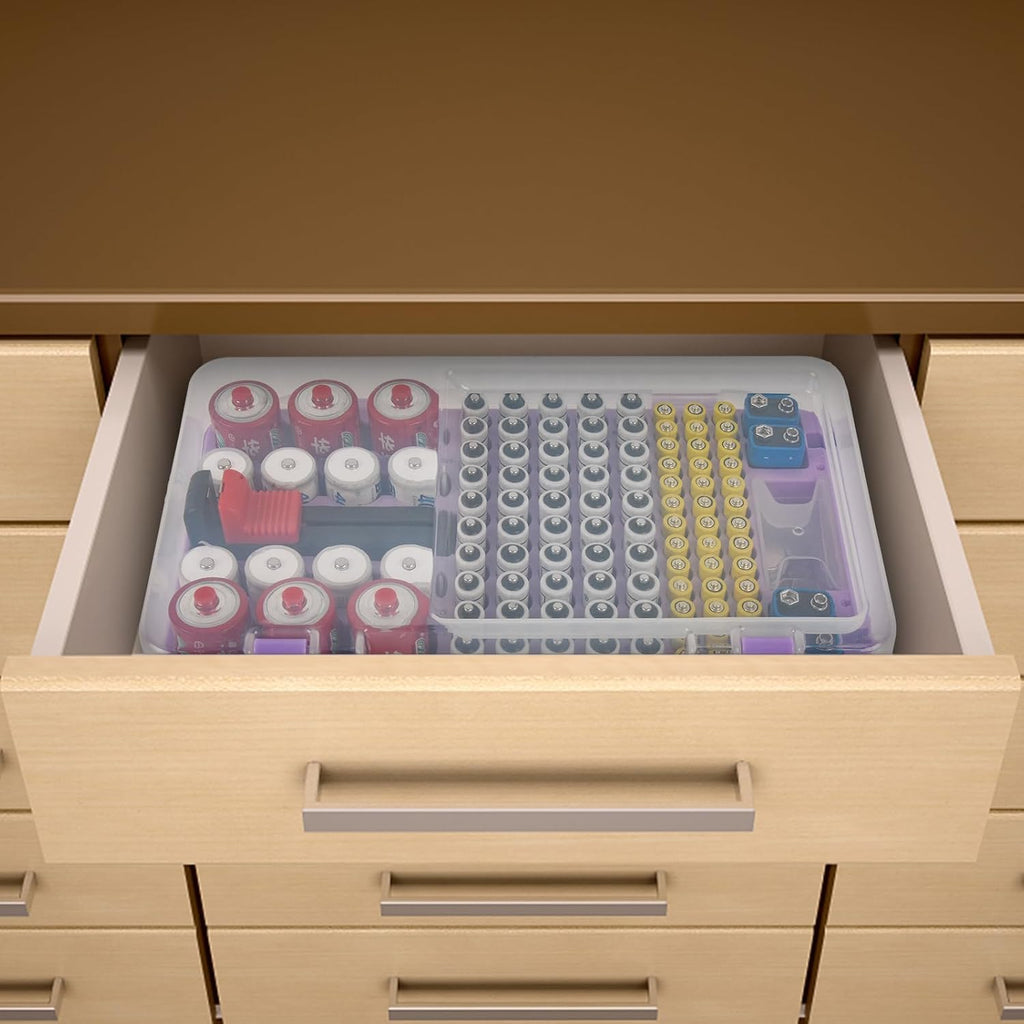 Battery Organizer Storage Case with Tester Checker. Batteries Holder Box Container for 120+ AA AAA 9V C D Lithium CR2025 CR1632 CR2032 Coin Cell Battery with Wall-Mounted Design -Purple